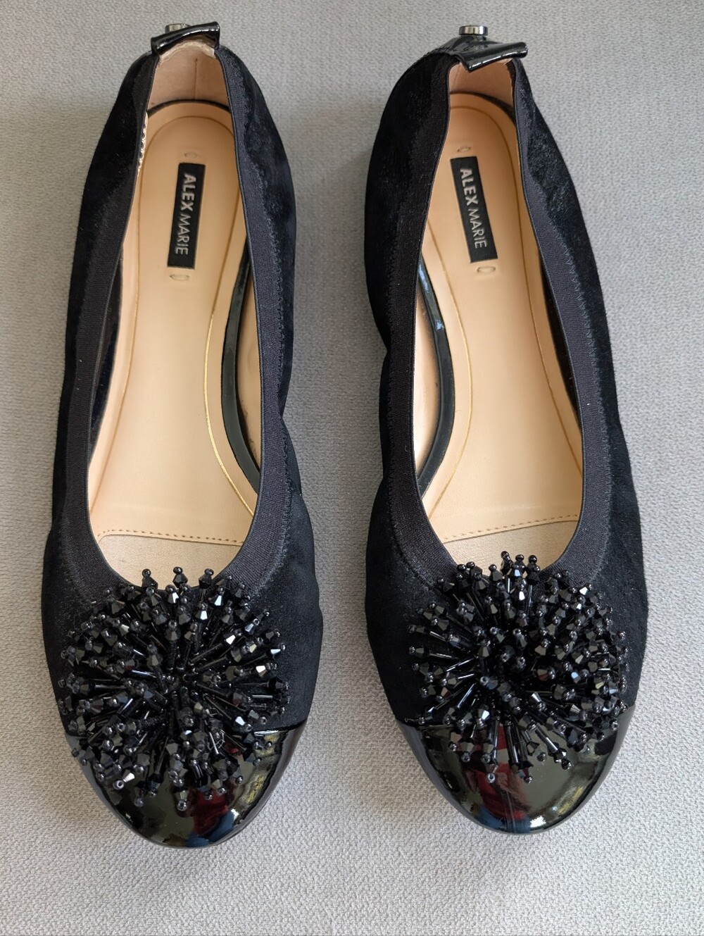 Alex Marie Black Beaded Pom-Pom Patent Toe Flats, Sz 8.5M